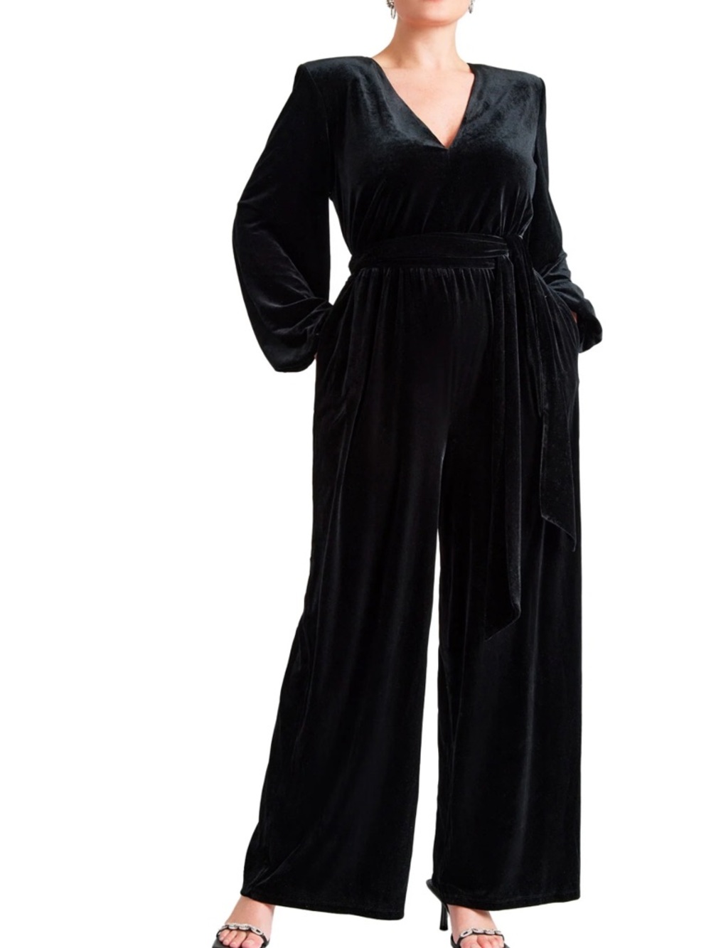 Eloquii Black Velvet Wrap-Front Wide Leg Jumpsuit